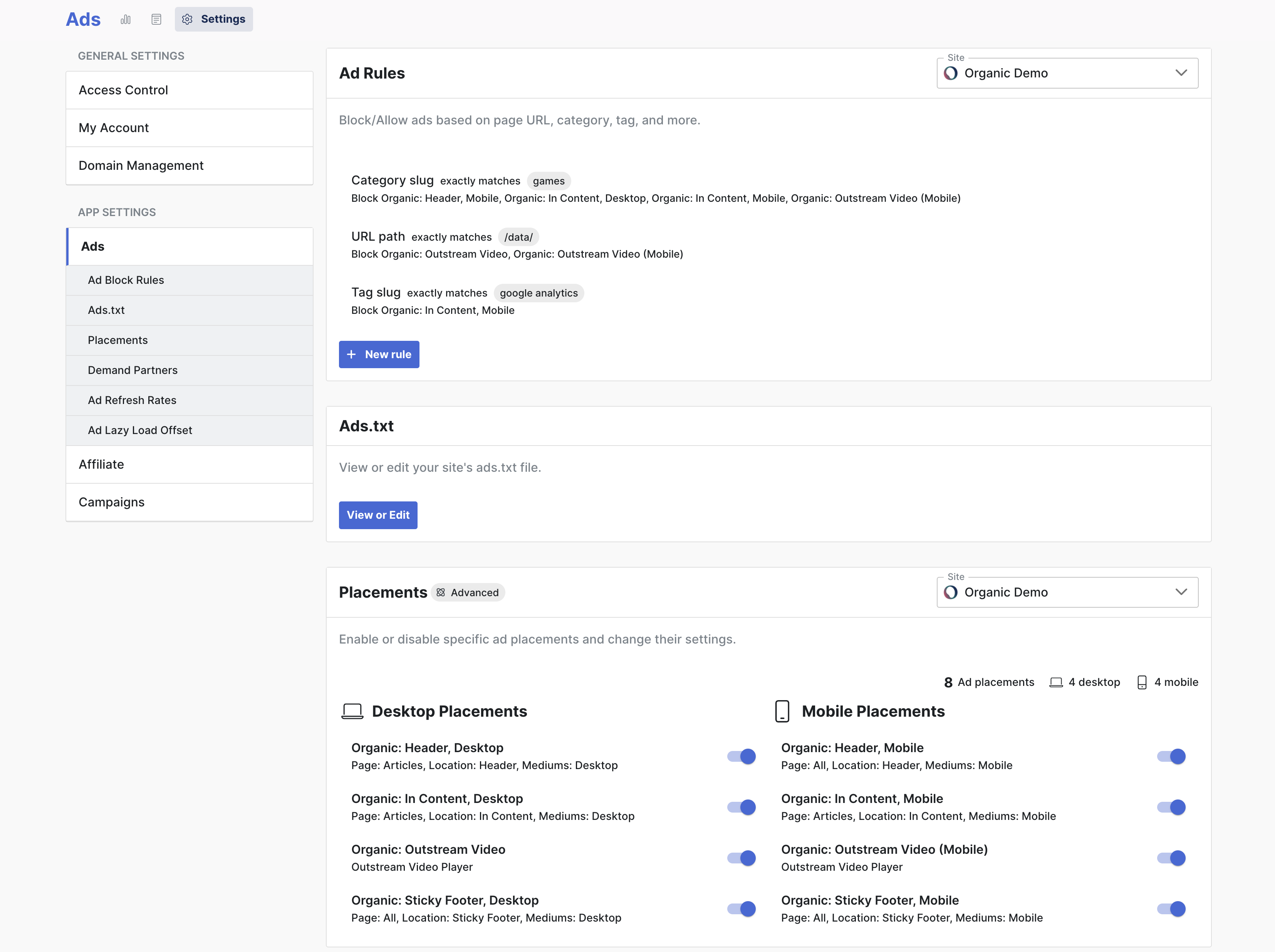 Organic Ads settings page; ad display configuration